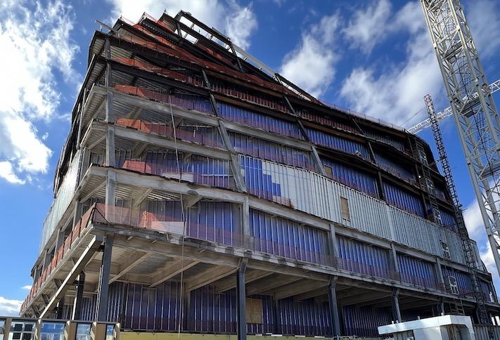 The ongoing construction of the first academic building on Virginia Tech's campus, photographed in March 2023. 