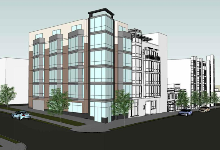 A rendering of the multifamily building with retail planned at 3831 Georgia Ave. NW