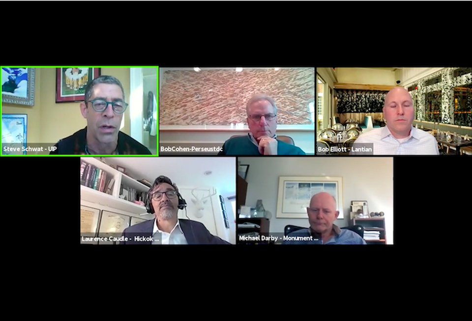 Clockwise from top left: UIP's Steve Schwat, Perseus TDC's Bob Cohen, Lantian's Bob Elliott, Monument Realty's Michael Darby and Hickok Cole's Laurence Caudle. 