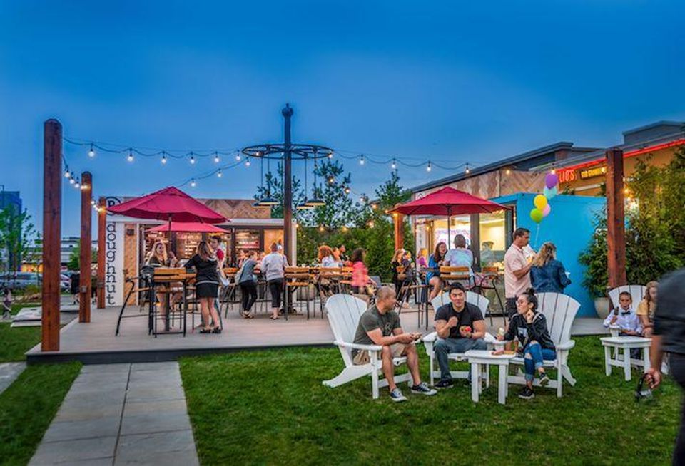 An outdoor seating area at the One Loudoun development, photographed before the pandemic.
