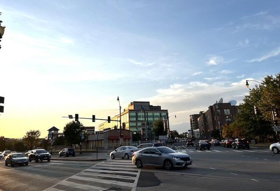 The Dave Thomas Circle intersection, with the fenced-off Wendy's in the center, photographed Oct. 24. 
