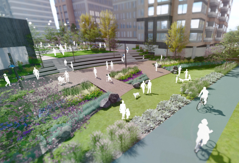 A rendering showing public space and a bike trail at the Battery Lane District in Bethesda.