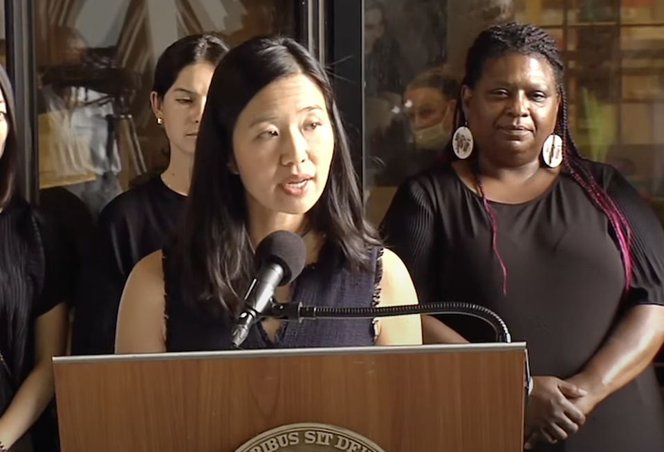 Boston Mayor Michelle Wu speaking July 26 at the child care zoning announcement.