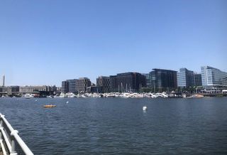 The Washington Monument and The Wharf Phase 1, photographed in June from East Potomac Park. 