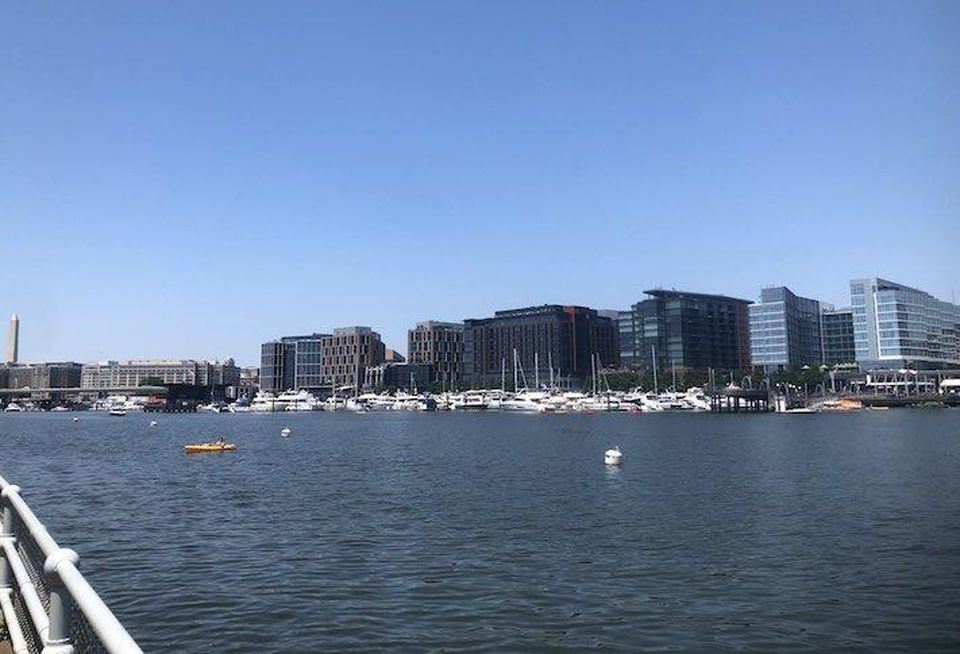 The Washington Monument and The Wharf Phase 1, photographed in June from East Potomac Park.