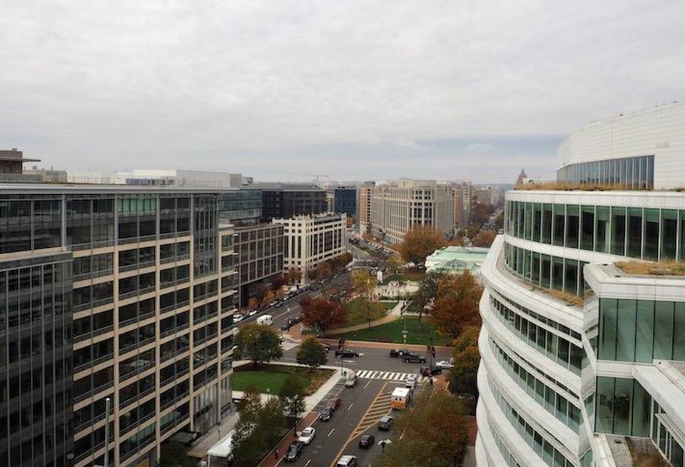 The office buildings around D.C.'s Mount Vernon Square, photographed from the rooftop of the AC Hotel by Marriott.