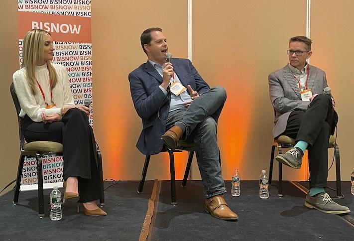 National Development's Jessica Buonopane, Procopio Cos.' Mike Procopio and Cube 3's Brian O'Connor speaking at Bisnow's Booming Boston Suburbs event Feb. 15. 
