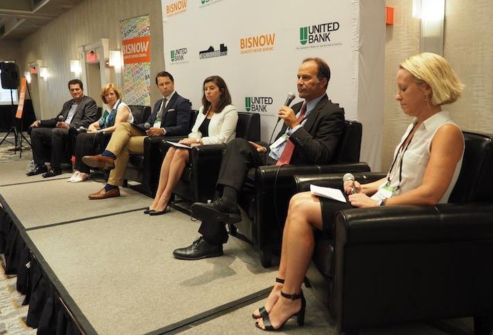 ZOM Living's Andy Cretal, Stonebridge's Jane Mahaffie, Federal Realty's Mike Ennes, JBG Smith's Andrea Murray, Duball's Marc Dubick and Linowes and Blocher's Heather Dlhopolsky