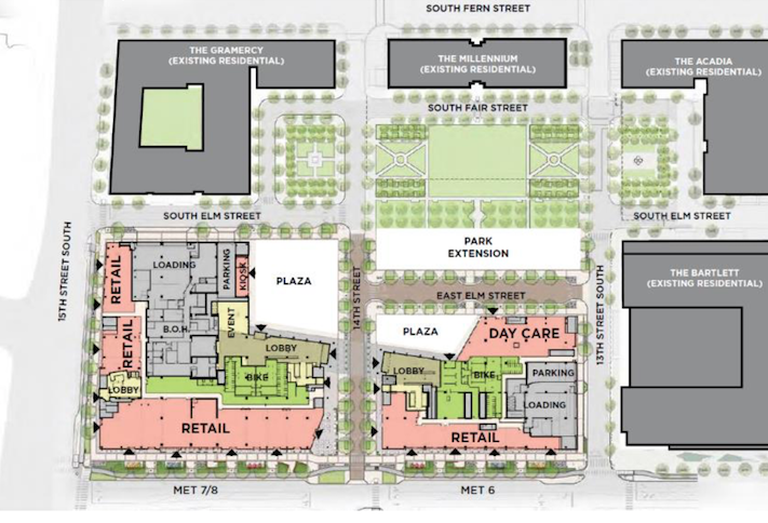 A site plan of the Metropolitan Park development, with the two new Amazon buildings on the bottom left