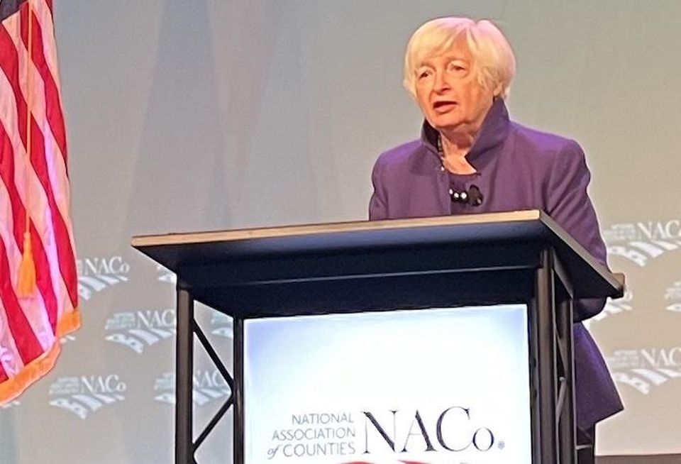 Treasury Secretary Janet Yellen speaking Tuesday Feb. 14 at the National Association of Counties' Legislative Conference in D.C.