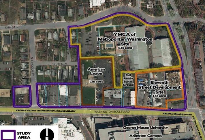 An aerial view of the YMCA site and the two adjacent development sites, from a 2016 land-use study. 