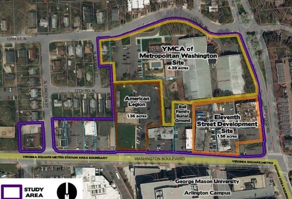 An aerial view of the YMCA site and the two adjacent development sites, from a 2016 land-use study.