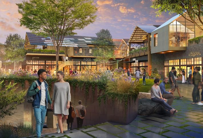 A street-level rendering of the Rivana at Innovation Station project, including an underground parking garage entrance on the lower left.