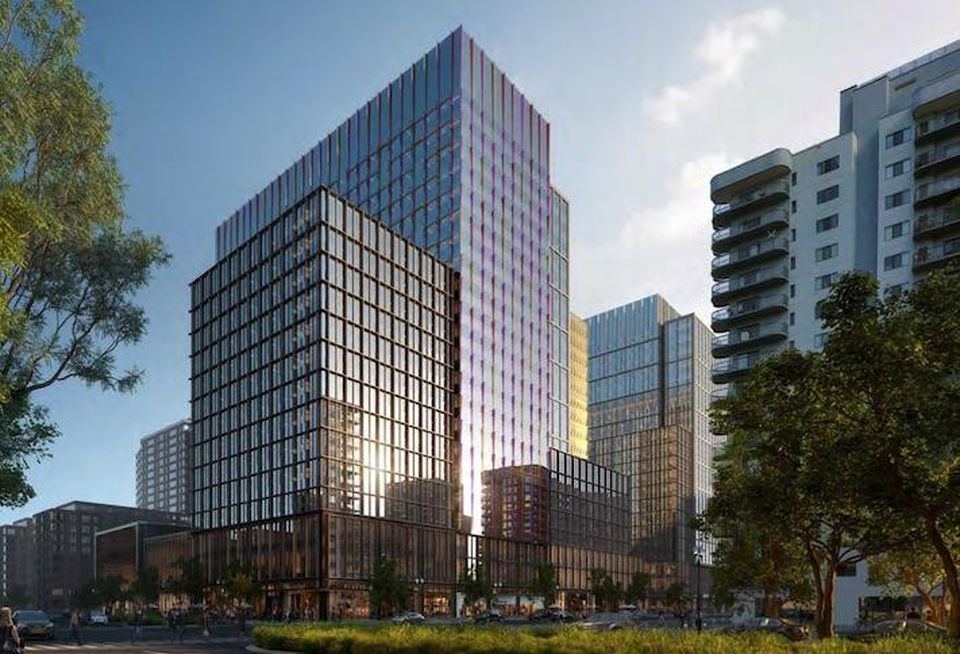 A rendering of the first phase of Amazon HQ2 development, seen from 15th and Eads streets.