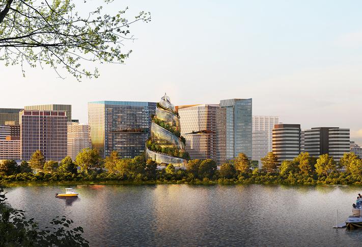 A rendering of the Northern Virginia skyline with the planned Amazon HQ2 buildings. 