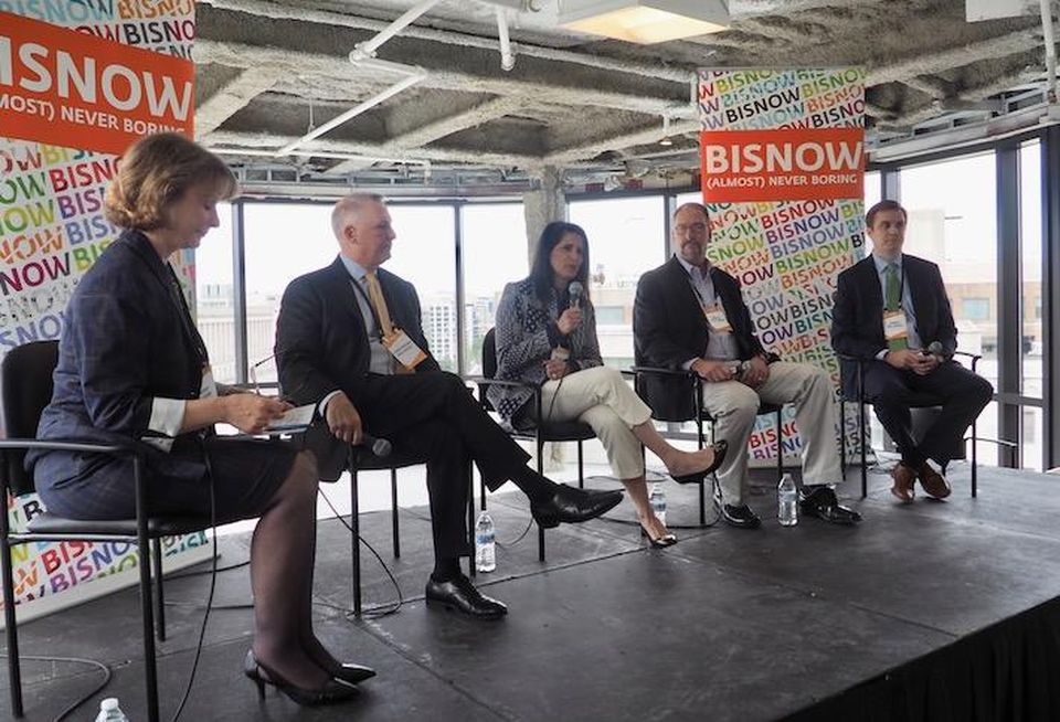 Tanager Hill Consulting's Kathy Allgier, JLL's Christopher Molivadas, Savills' Wendy Feldman Block, WashREIT's Brian Guttman and Blake Real Estate's Owen Billman