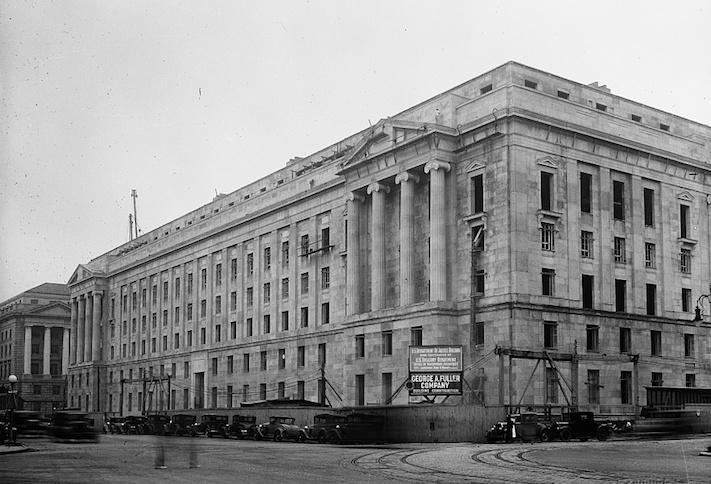 A 1933 picture of construction underway on the Department of Justice headquarters, part of the Federal Triangle complex A 1933 picture of construction underway on the Department of Justice headquarters, part of the Federal Triangle complex