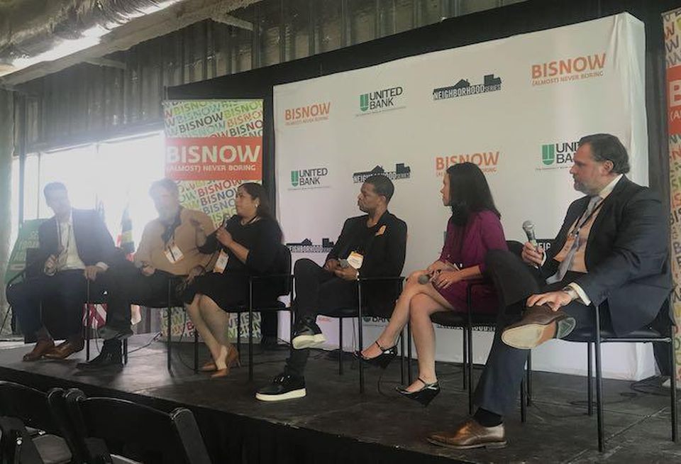 Howard Hughes' Greg Fitchitt, Clyde's Restaurant Group's Tom Meyer, Inner Arbor Trust's Nina Basu, Downtown Columbia Arts and Culture's Darin Atwater, Howard Hughes' Vanessa Rodriguez and Fox Architects' Derek Wood