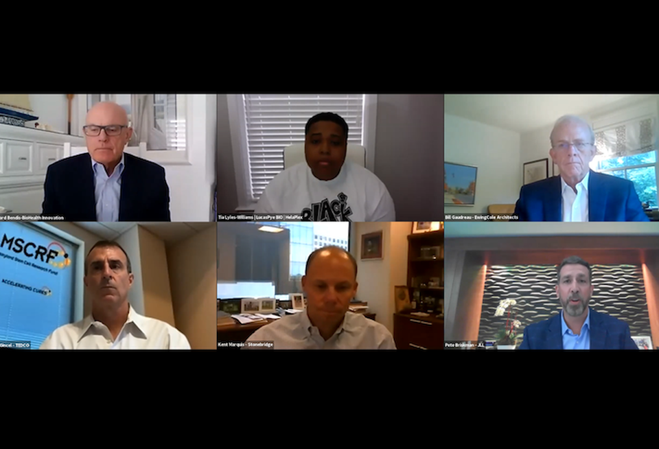 Clockwise from top left: BioHealth Innovation's Richard Bendis, LucasPye Bio's Tia Lyles-Williams, Ewing Cole Architects' Bill Gaudreau, JLL's Pete Briskman, Stonebridge's Kent Marquis and TEDCO's Dan Gincel.