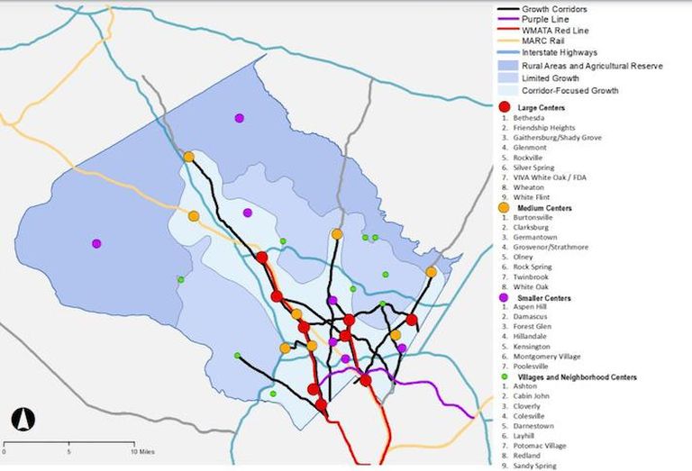 A map from the Thrive Montgomery 2050 plan that illustrates potential areas and corridors where growth could be concentrated. 