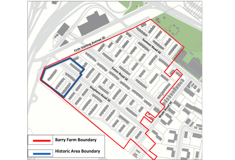 A map of the Barry Farm property, including the area designated as a historic landmark. 
