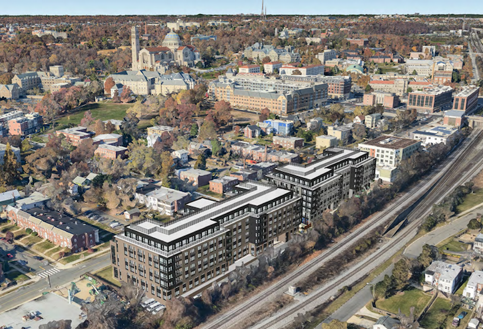 An aerial rendering showing Hanover's Eighth Street NE project and the surrounding neighborhood.