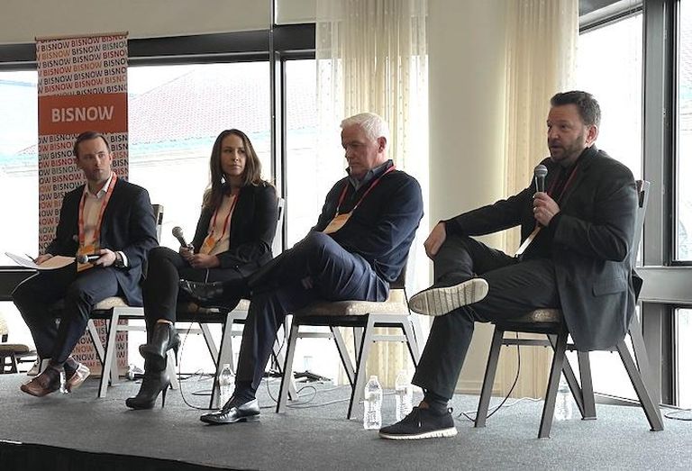 Bisnow's Chris Picher, JLL's Melissa Rose, CMC Design-Build's Mark Moore and New England Cold Storage's Chris Bailey at Bisnow's Boston Industrial Forecast event. 