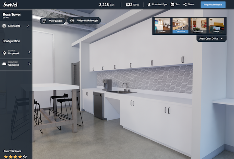 A screenshot of the Swivel platform showing the proposed layout of an office common area. 