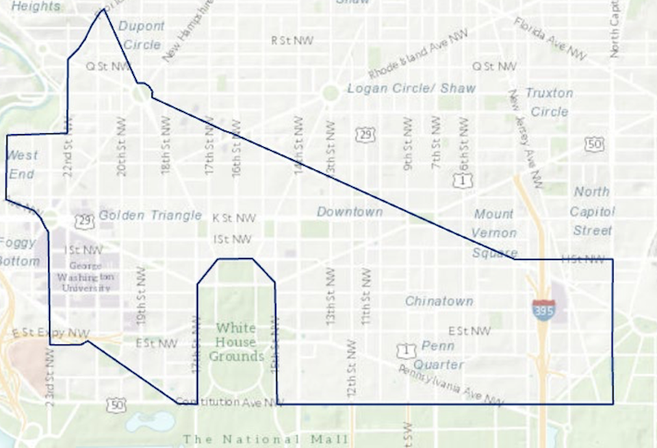 The boundaries of the Bowser administration's definition of Downtown D.C., an area that hasn't historically had residential development and has a population of around 25,000.