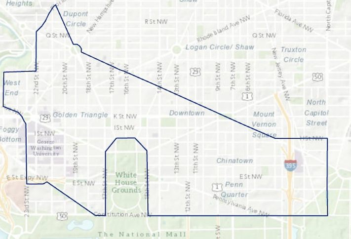 The boundaries of the Bowser administration's definition of Downtown D.C., an area that hasn't historically had residential development and has a population of around 25,000. 