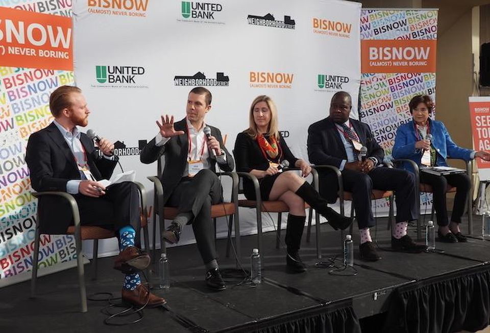 CoStar Group's Nick Mills, Mill Creek Residential's Josh Posnick, Republic Properties' Holly Hull, DCHFA's Christopher Donald and Telesis Corp.'s Marilyn Melkonian