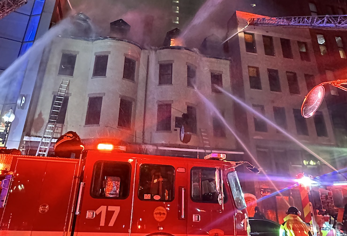 A four-alarm fire ripped through 31-37 Stuart St., home of the historic Jacob Wirth Co. restaurant, Monday night. A four-alarm fire ripped through 31-37 Stuart St., home of the historic Jacob Wirth Co. restaurant, Monday night.