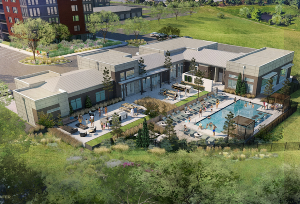 A rendering of the standalone amenity building and outdoor pool at The NRP Group's Motiva project in Greenbelt.