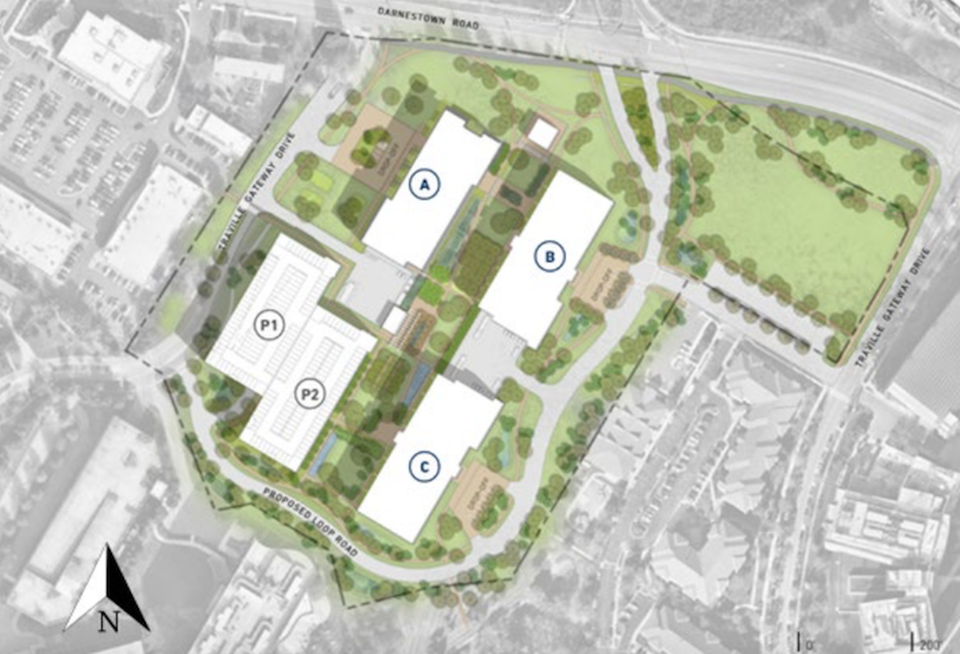 An aerial site plan of the 18-acre property, with the latest application filed for Building A.