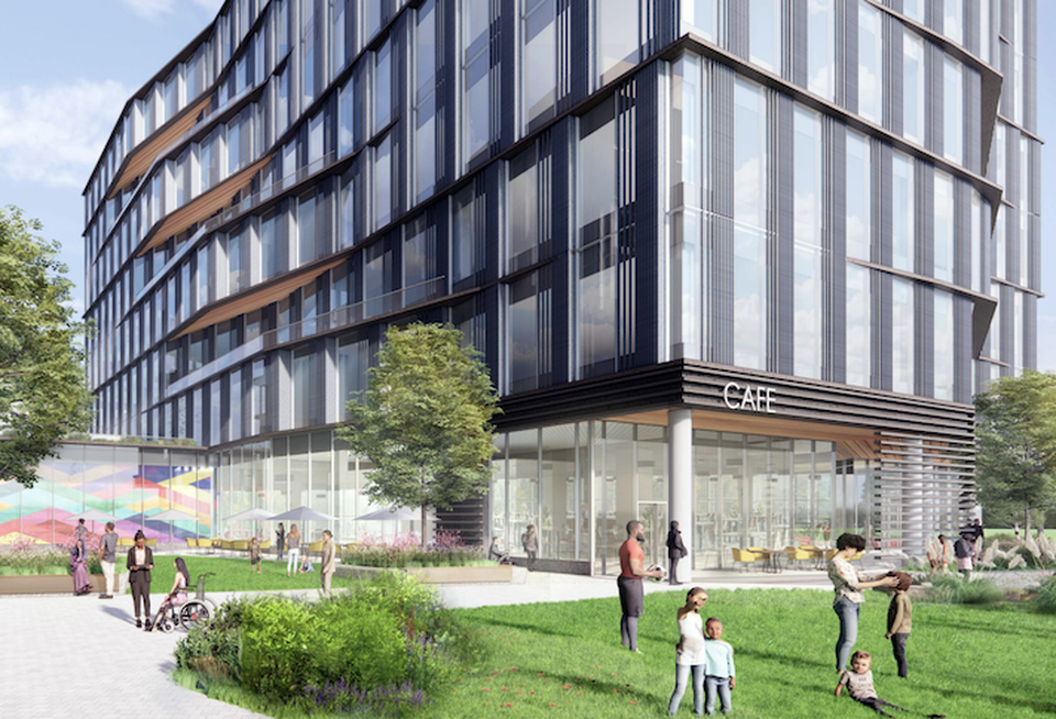 A rendering of the development's east building from the courtyard.