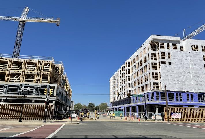 The under-construction multifamily buildings on Stonebridge's Oakville Triangle site. 