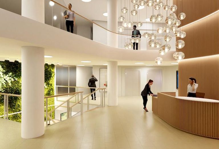 A rendering of the lobby in the 1401 Massachusetts Ave. NW redevelopment.