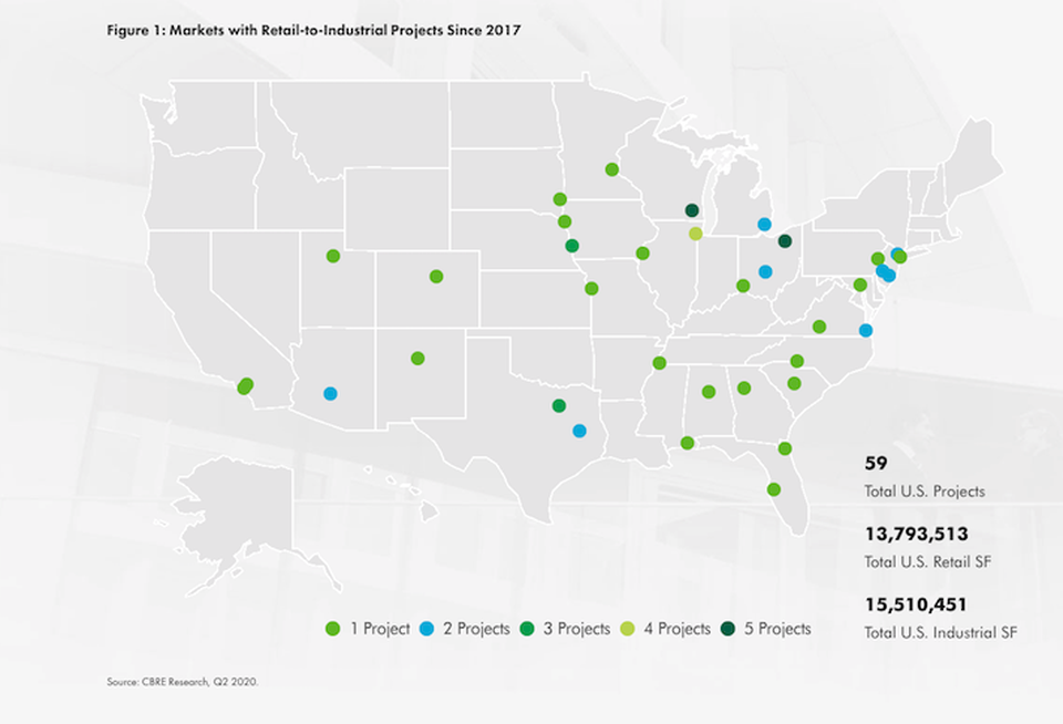 A CBRE map showing the retail-to-industrial conversion projects that have moved forward across the U.S. since 2017.