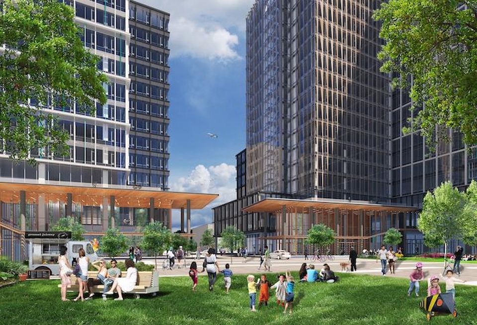 A rendering of the central park with Amazon's HQ2 office towers in the background