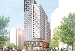 A rendering of WPC's planned 22-story apartment tower at 7607 Old Georgetown Road. 