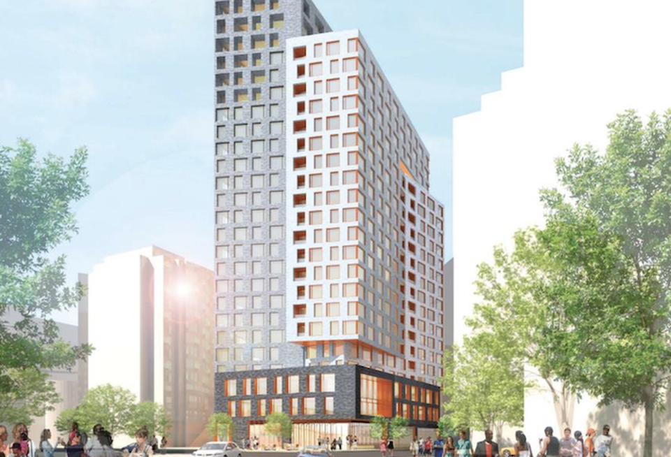 A rendering of WPC's planned 22-story apartment tower at 7607 Old Georgetown Road. 