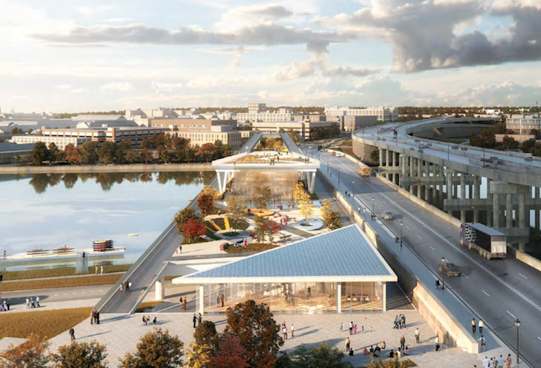 A rendering of the 11th Street Bridge Park project, shown from the Anacostia side. 