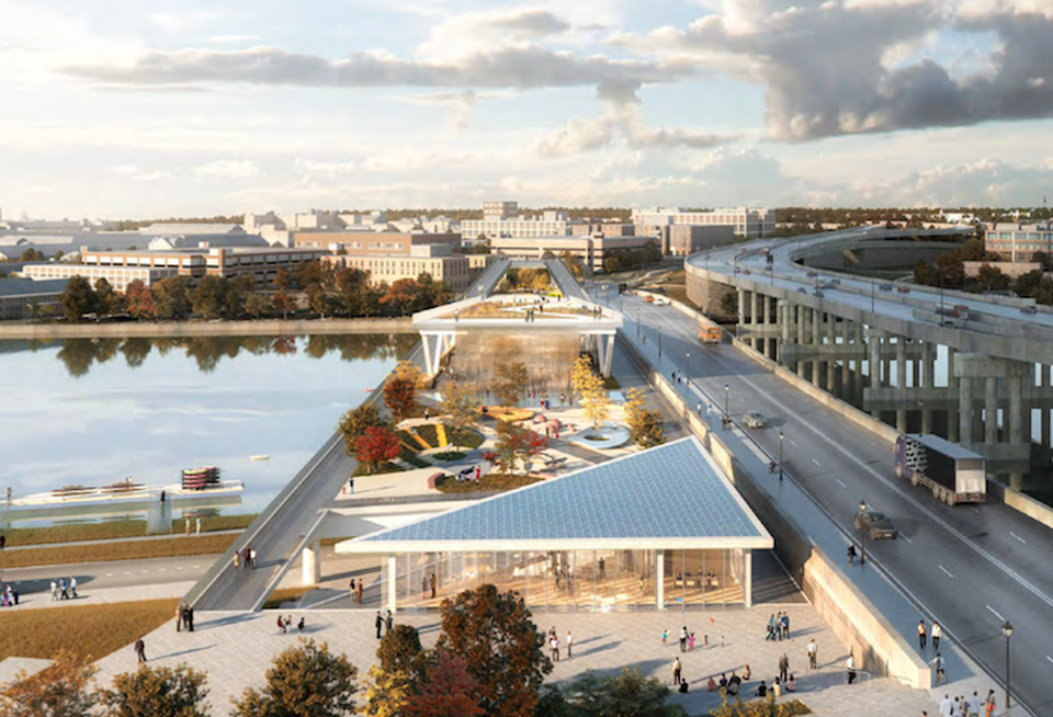 A rendering of the 11th Street Bridge Park project, shown from the Anacostia side.