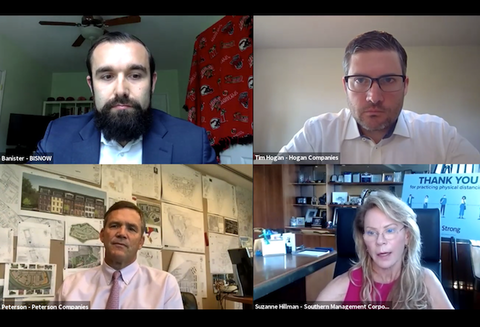 Clockwise from top left: Bisnow's Jon Banister, Hogan Cos.' Tim Hogan, Southern Management's Suzanne Hillman and Peterson Cos.' Jon Peterson