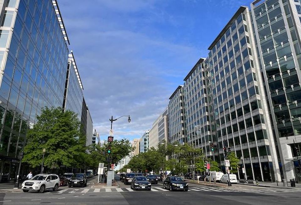 A view down K Street from the 17th Street NW intersection near the Farragut North Metro station.
