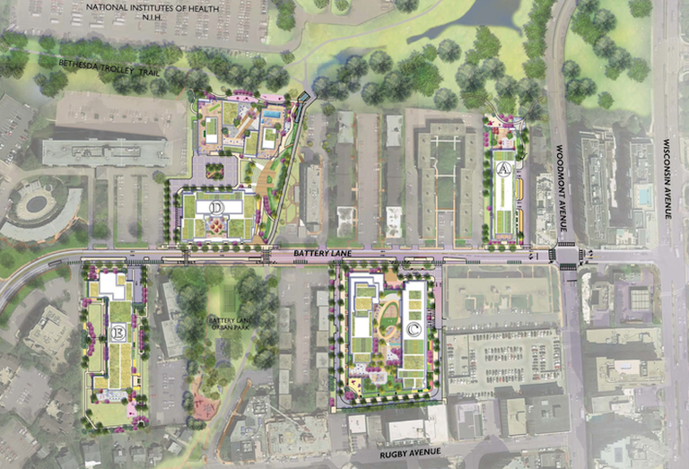 A site plan for the Battery Lane District development in Bethesda. 