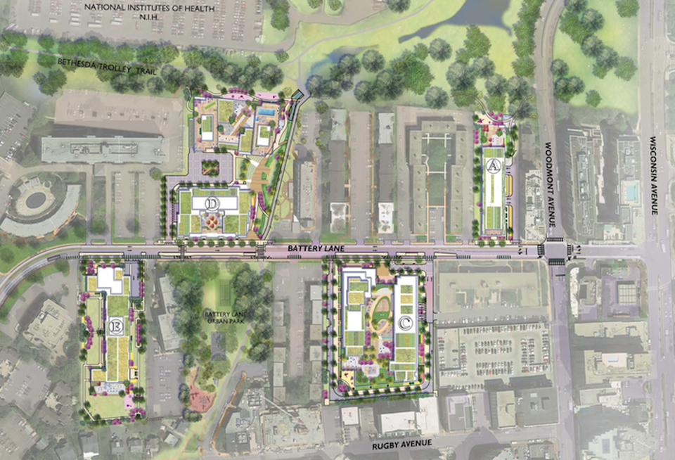 A site plan for the Battery Lane District development in Bethesda.