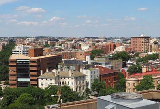 An aerial view of Northwest D.C., seen from a rooftop in Dupont Circle. 