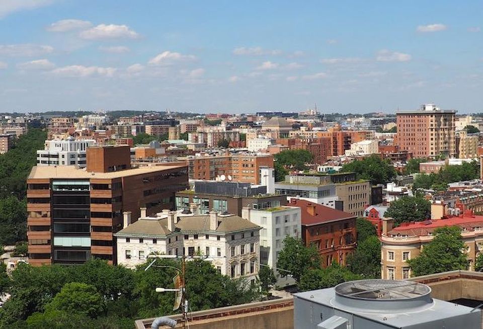 An aerial view of Northwest D.C., seen from a rooftop in Dupont Circle. 