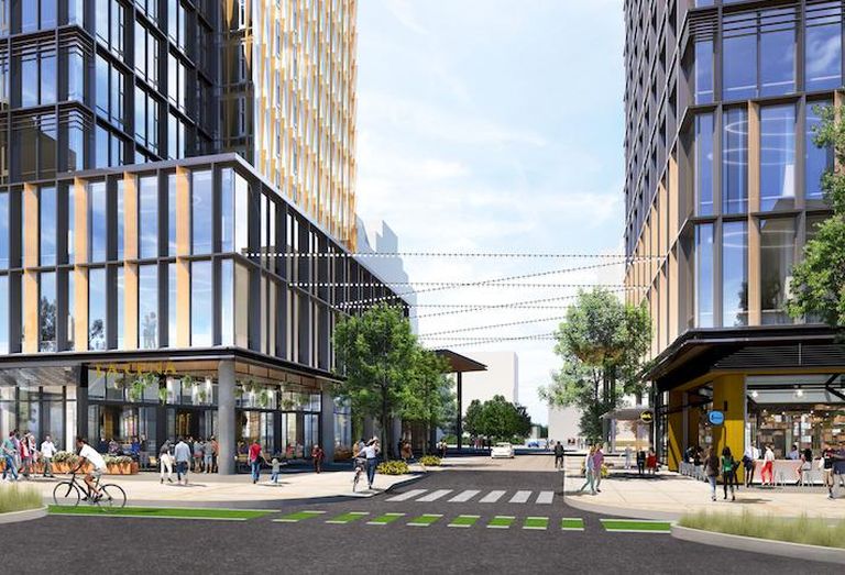 A street-level rendering of the planned Amazon HQ2 office buildings